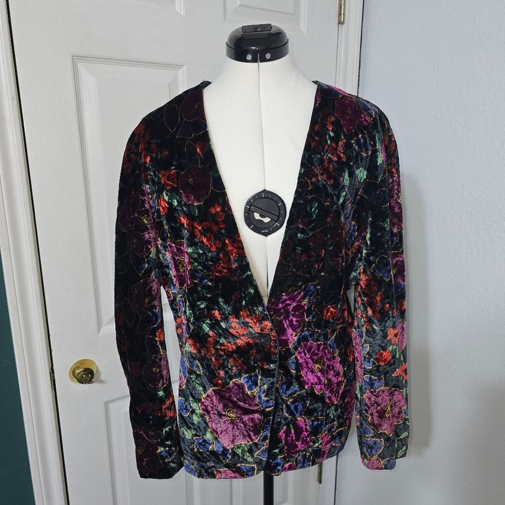 VTG Norton McNaughton Dark Velvet Burnout Floral Blazer Jacket Whimsigoth Glam